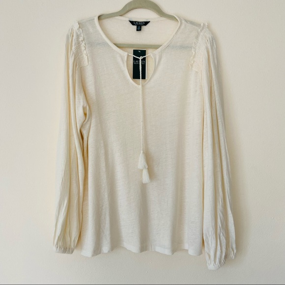New Ralph Lauren ivory Linen-Blend Blouse long sleeve tessel Top - Picture 3 of 6
